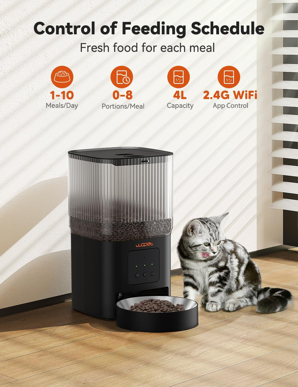 WOPET Automatic Cat Feeder, 4L WiFi Cat Food Dispenser with APP Control for Slow Feeding
